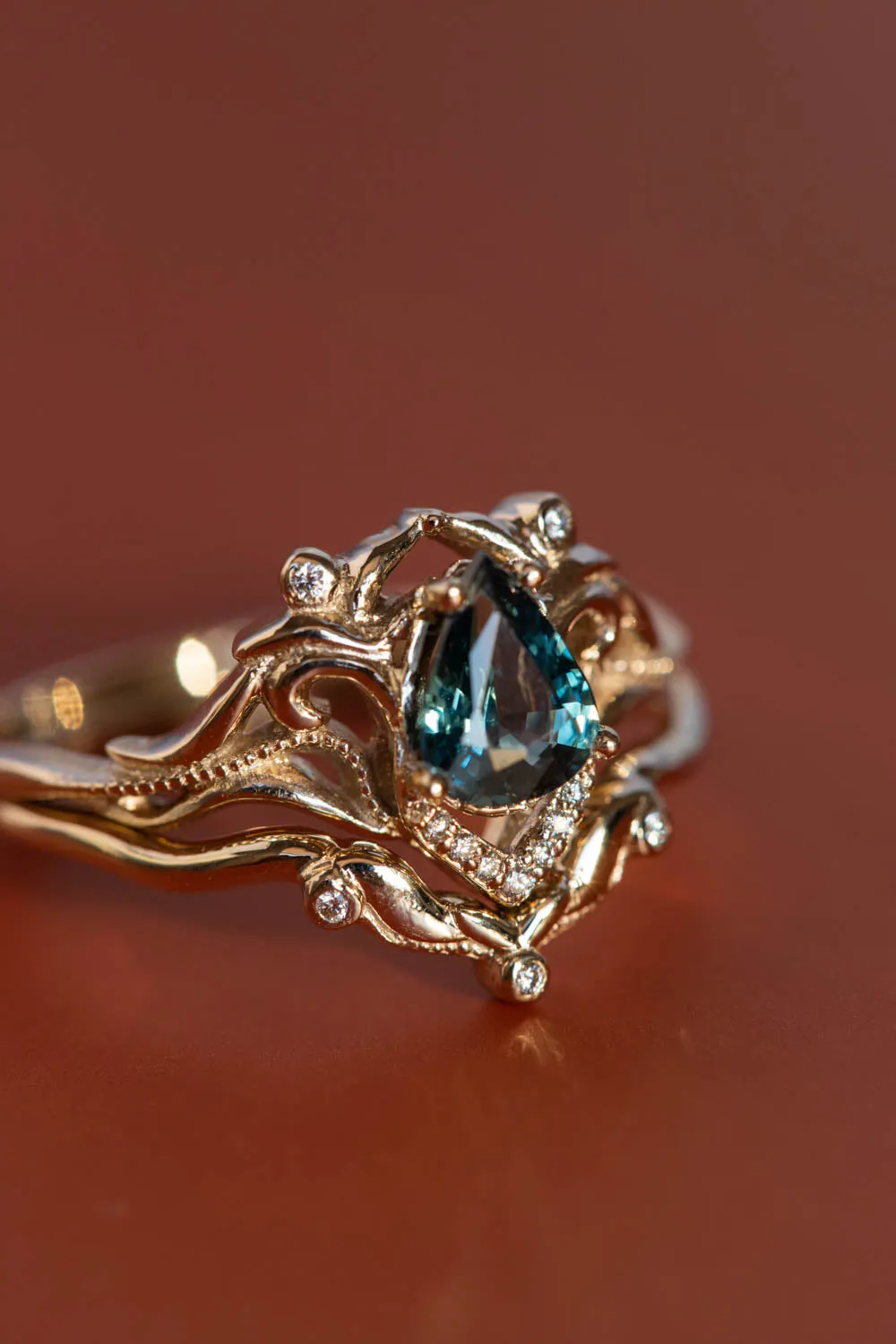 White gold engagement ring with teal sapphire, elvish bridal ring with diamonds / Lida small