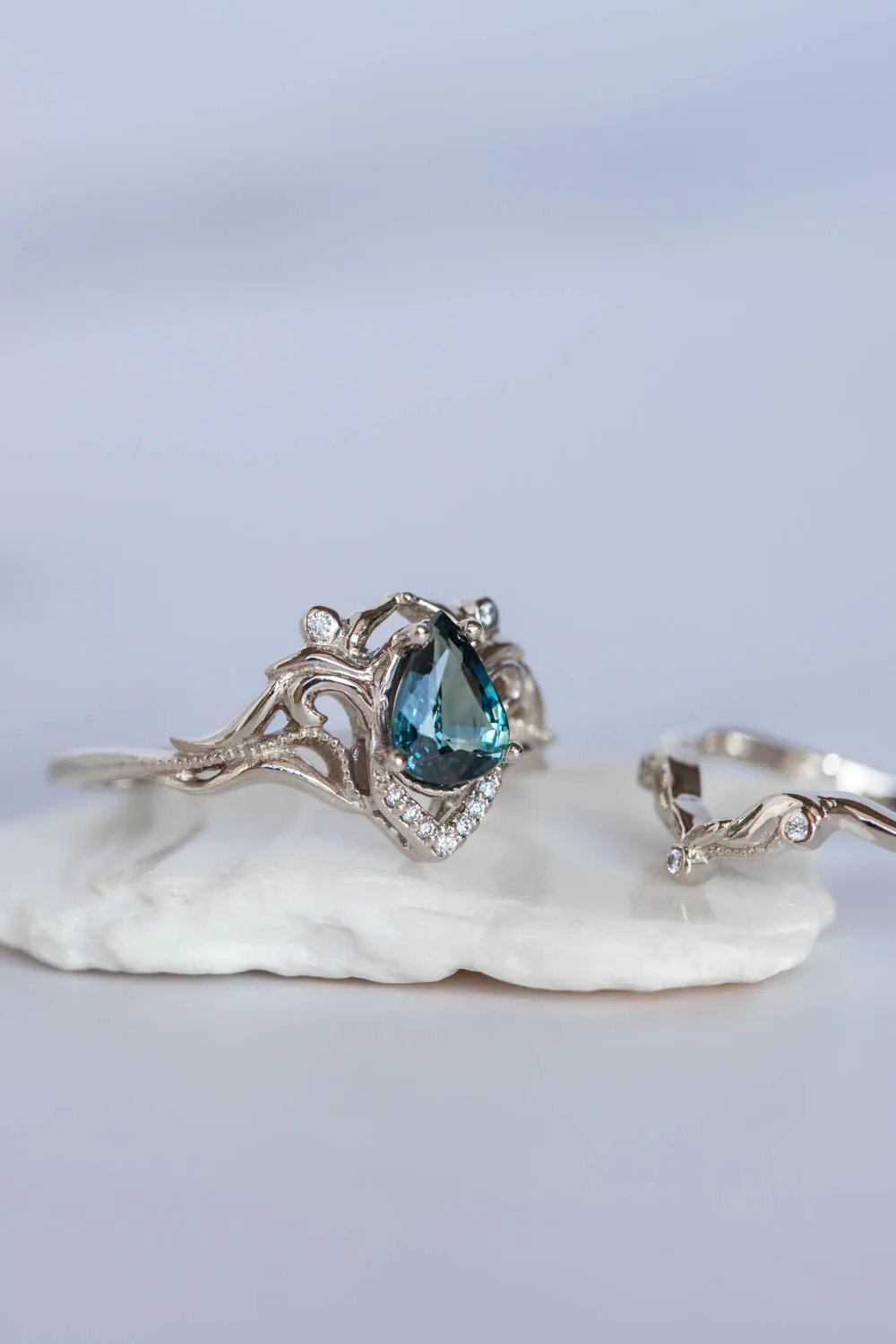 White gold engagement ring with teal sapphire, elvish bridal ring with diamonds / Lida small